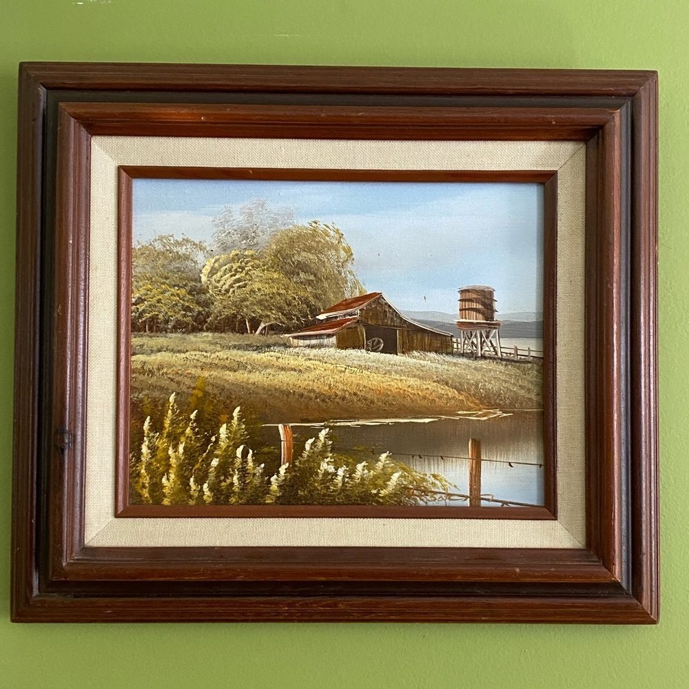 Vintage Rustic Barn Landscape Oil Painting Framed Farmhouse Wall Art